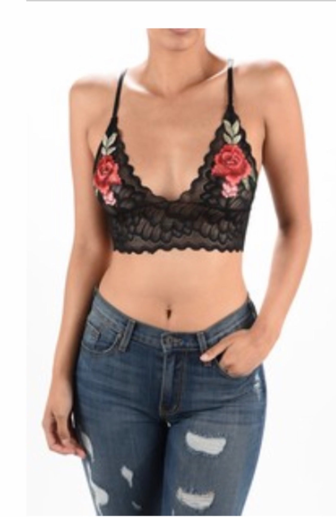 Black Lace Bralette with Embroidered Rose Appliqué