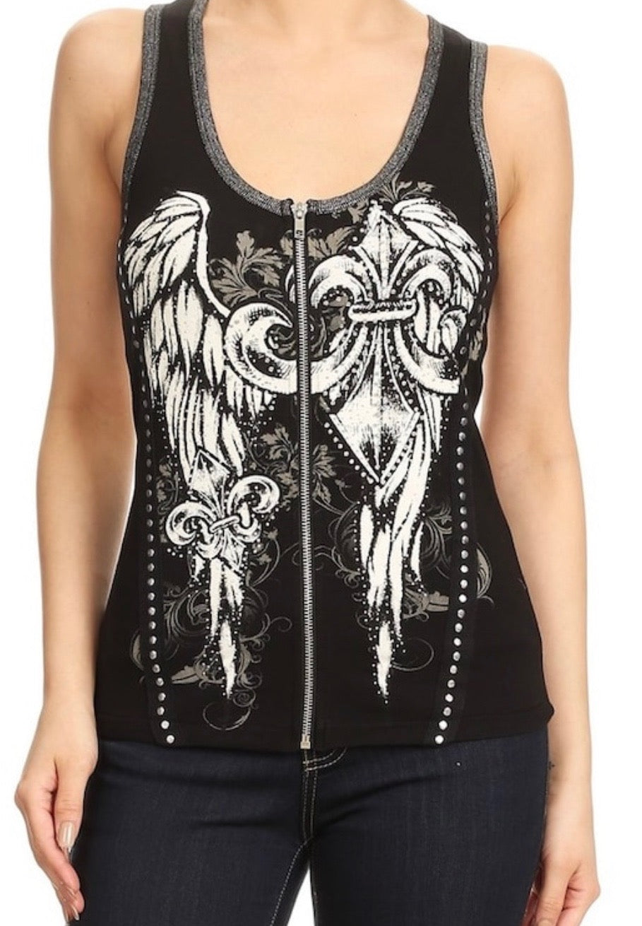 Fleur De Lis Rhinestone Zip-Up Vest