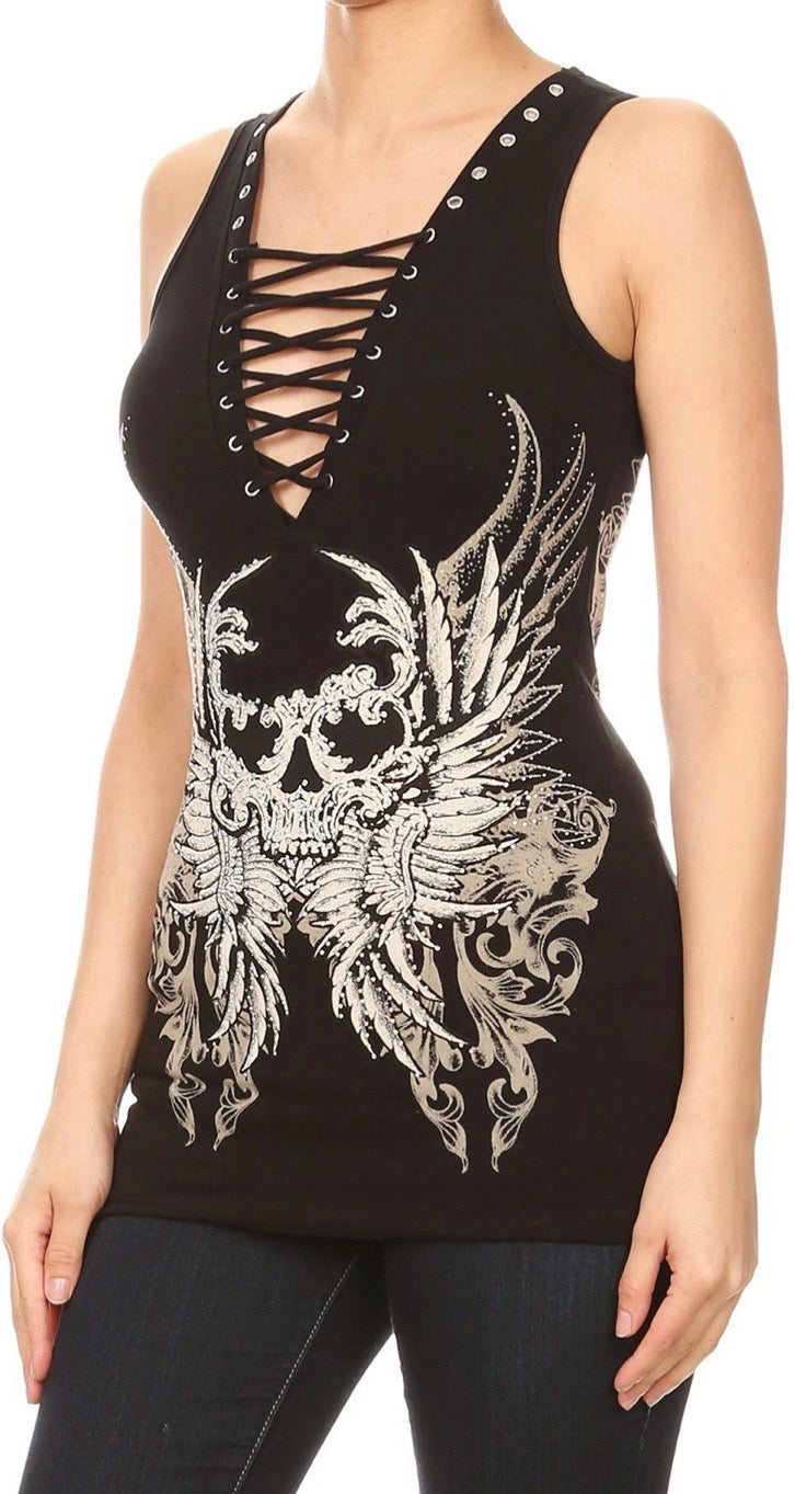 Rhinestone Skull Deep V Tank