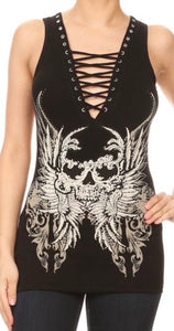 Rhinestone Skull Deep V Tank