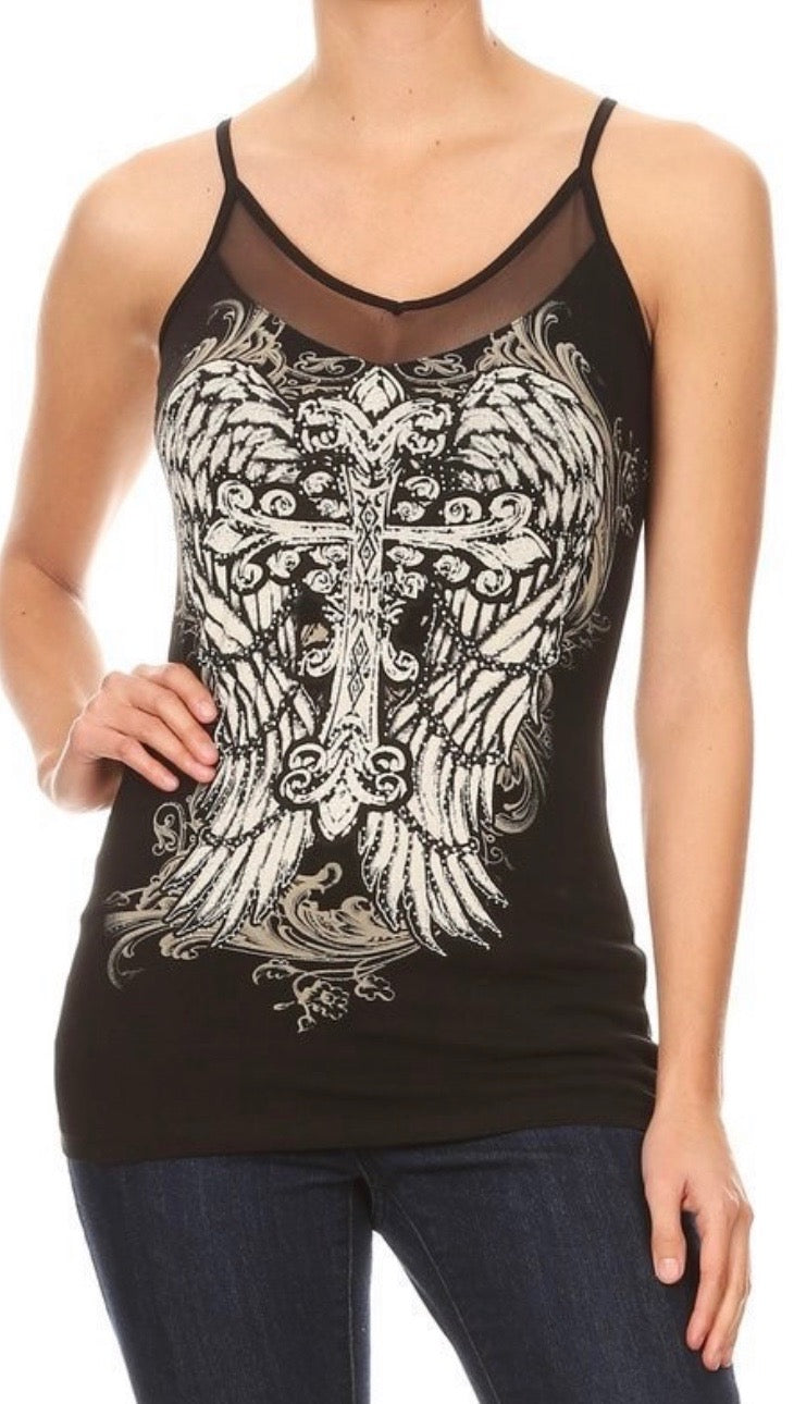 Mesh Rhinestone Cross Cami