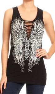 Rhinestone Wing Deep V Tank