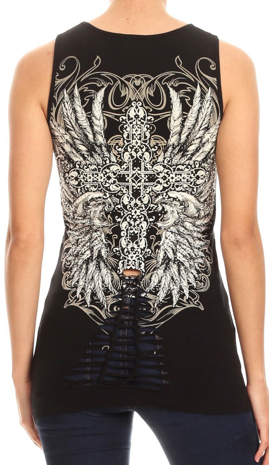 Rhinestone Wing Deep V Tank