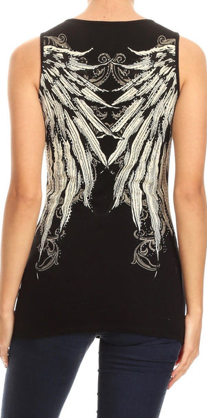 Angel Wings Rhinestone Deep V Tank