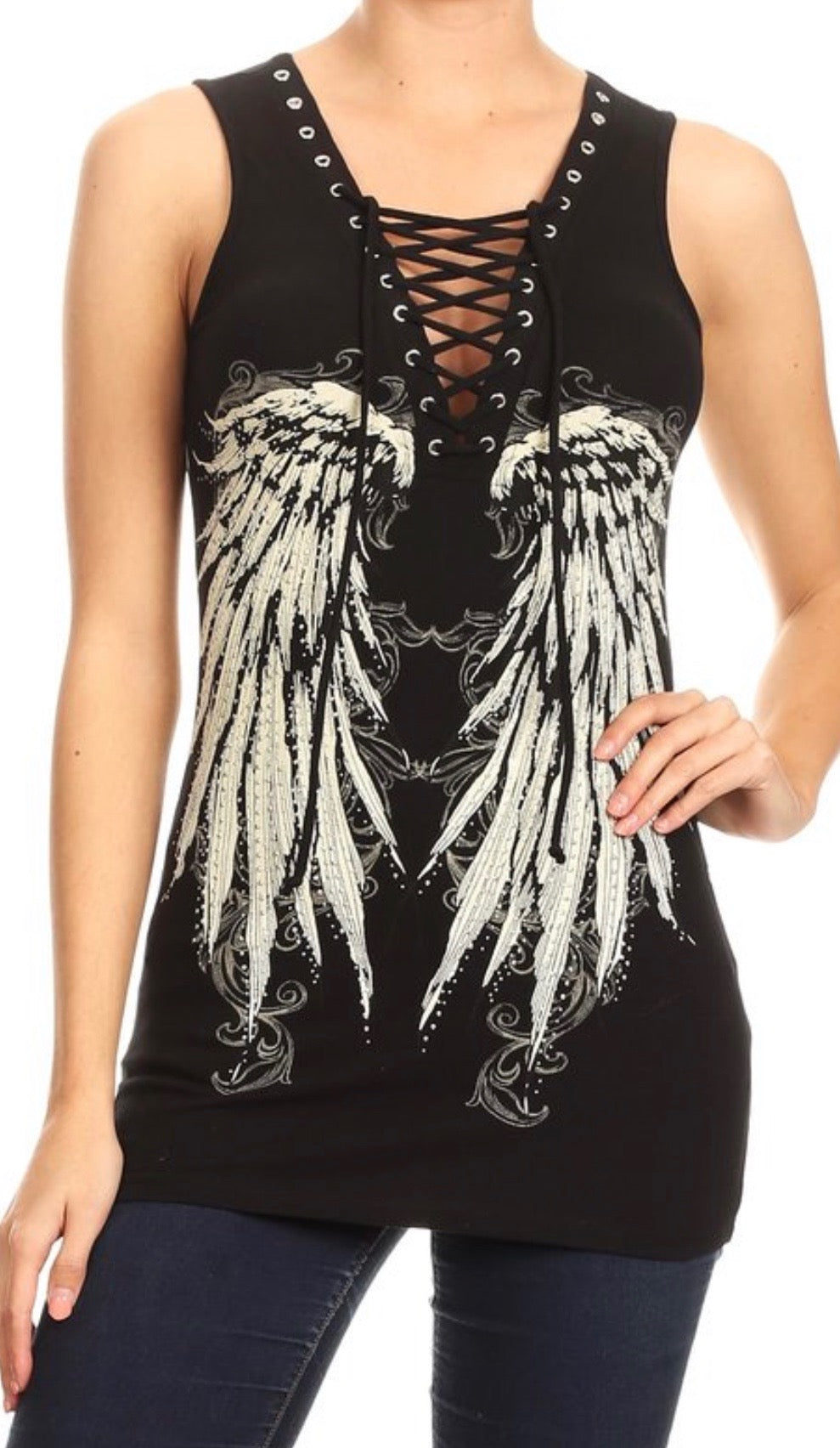 Angel Wings Rhinestone Deep V Tank